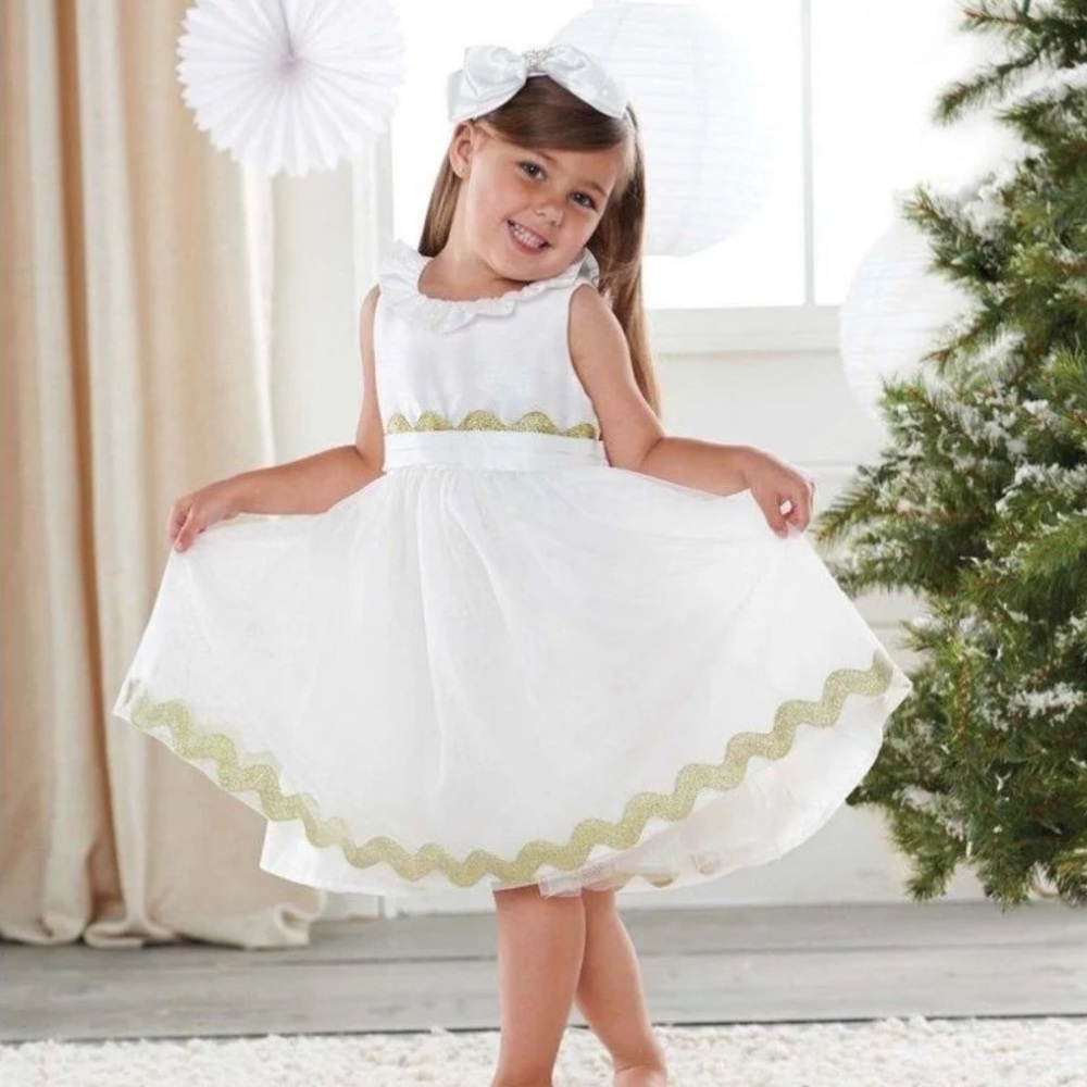 NWT Mud Pie Ivory Ric Rac Dress With Gold Trim, Sizes 12-18M and 2T